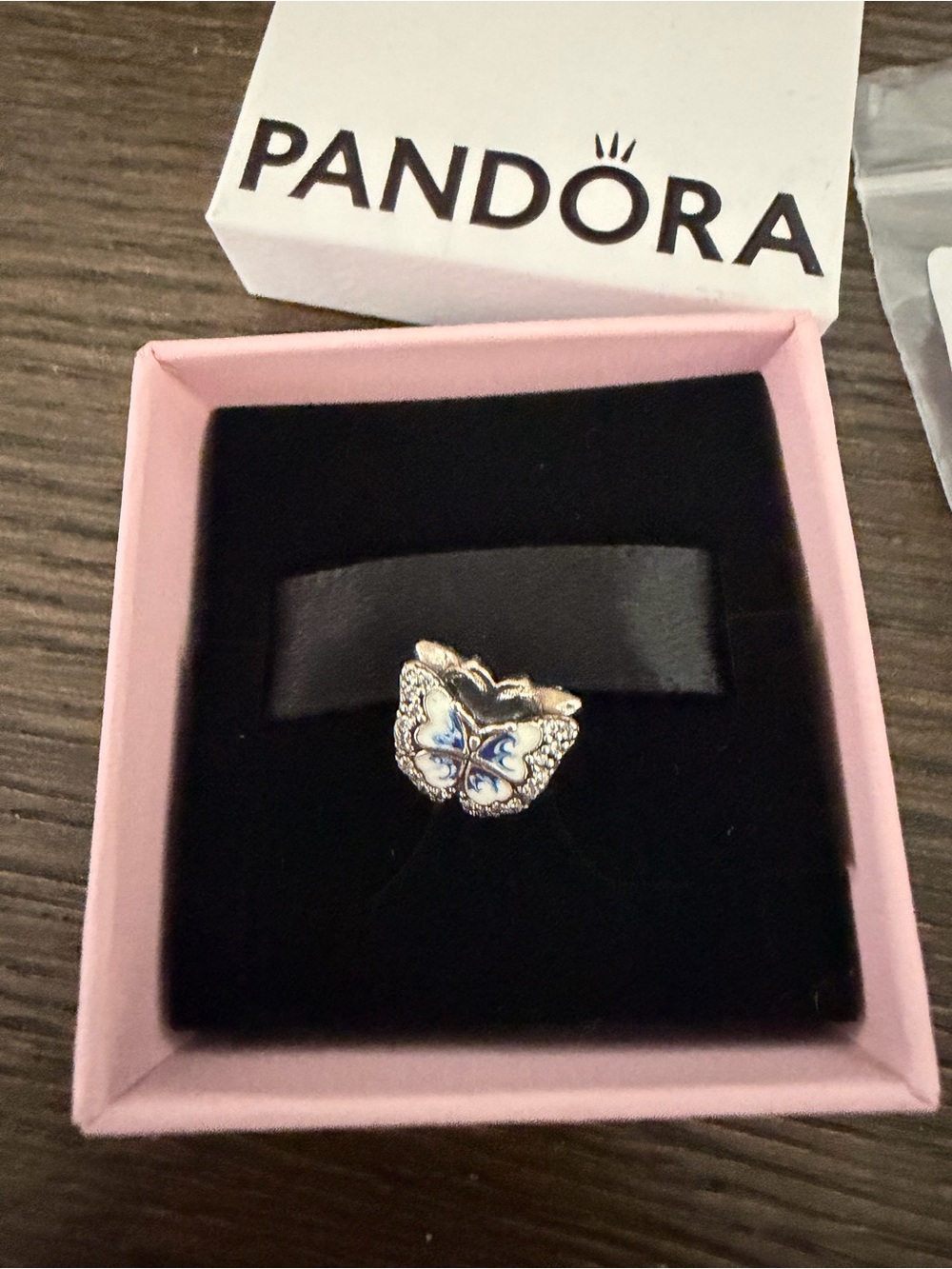 Pandora Silver Butterfly Ring with Blue Enamel Accent